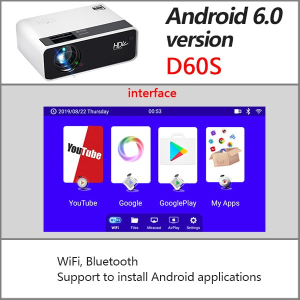 AUN LED MINI Projector D60, 1280x720P Resolution, Portable 3D video Beamer, Home Cinema, Optional Android WIFI Proyector D60S