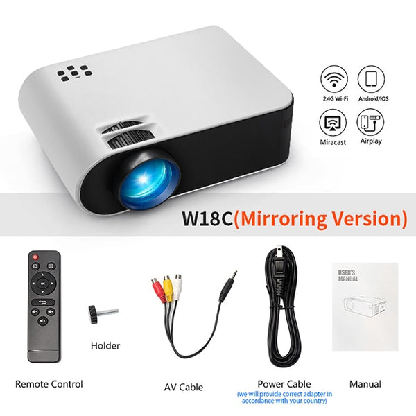 AUN MINI Projector W18C, 2800 Lumens, 854*480P, Wireless Sync Display For Phone, Portable Home Cinema for Full HD 1080P Beamer